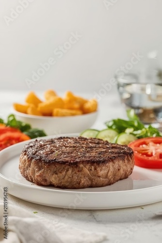 A juicy steak with clear grill marks served on a white plate with French fries and fresh slices of cucumber and tomato.