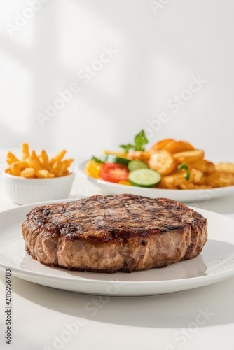 A juicy steak with clear grill marks served on a white plate with French fries and fresh slices of cucumber and tomato.