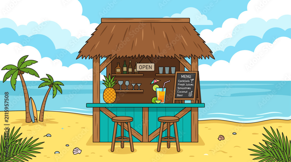 Fototapeta premium Tropical beach tiki bar on a sunny sandy shore with cocktails and palm trees