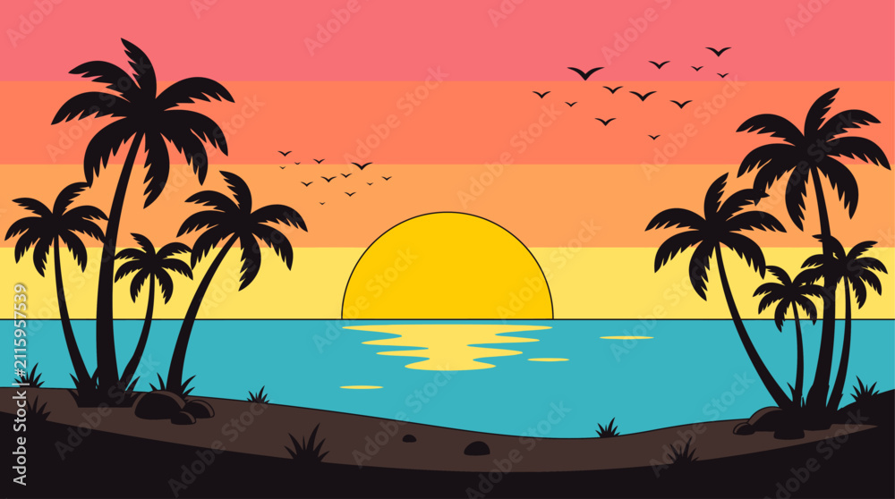 Fototapeta premium Tropical sunset vector art. Silhouetted palm trees on beach, sun reflecting on ocean, birds in vibrant gradient sky. Relaxing travel and vacation concept