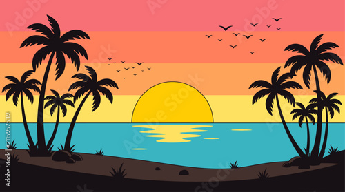 Tropical sunset vector art. Silhouetted palm trees on beach, sun reflecting on ocean, birds in vibrant gradient sky. Relaxing travel and vacation concept