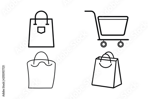 Black and white line icons for e-commerce featuring various shopping bag shapes and a modern minimalist supermarket trolley on wheels.