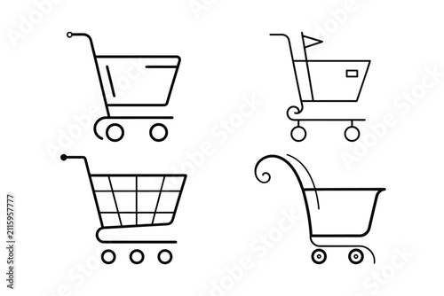 Set of shopping cart icons, collection of trolleys for purchases, supermarket baskets outlines on white background.