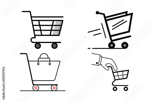 Set of shopping cart icons, simple line art design, ideal for e-commerce, retail, and online store applications.