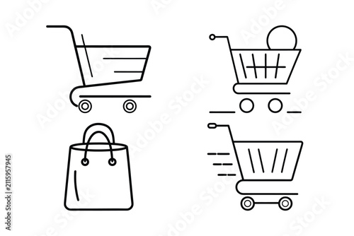 Diverse set of shopping cart and bag icons in line art, suitable for e-commerce and retail design projects.