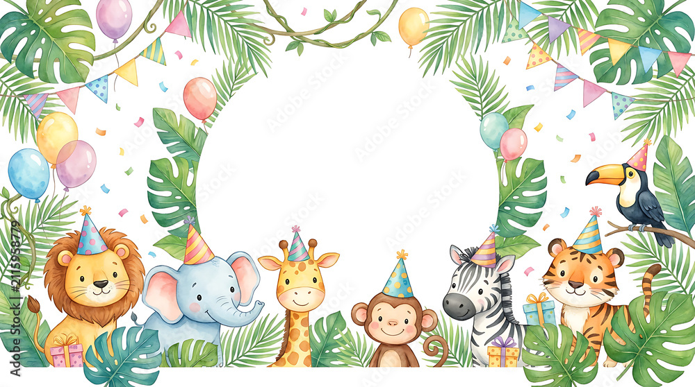 Naklejka premium Jungle animal birthday party background. Cute safari theme invitation with tropical leaves.