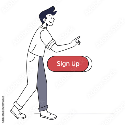 Man with sign up button. Young guy near red button. Design element for social networks and websites. Registration on site. Flat vector illustration isolated on white .