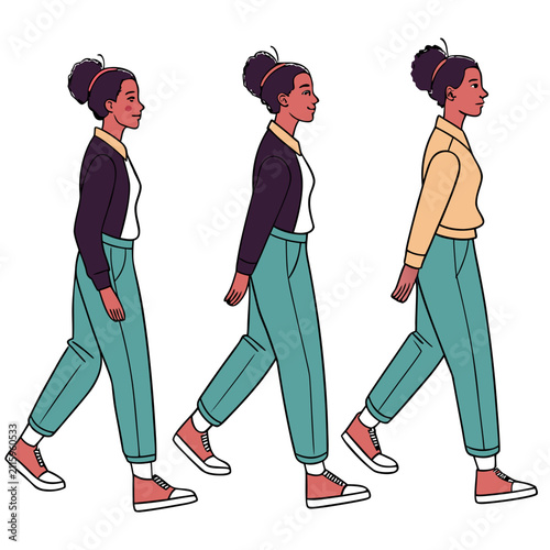 Walk cycle sequence concept. Young woman in stylish clothes walks forward. Side view. Position of body parts during movement. Design for creating animation. Cartoon modern flat vector .