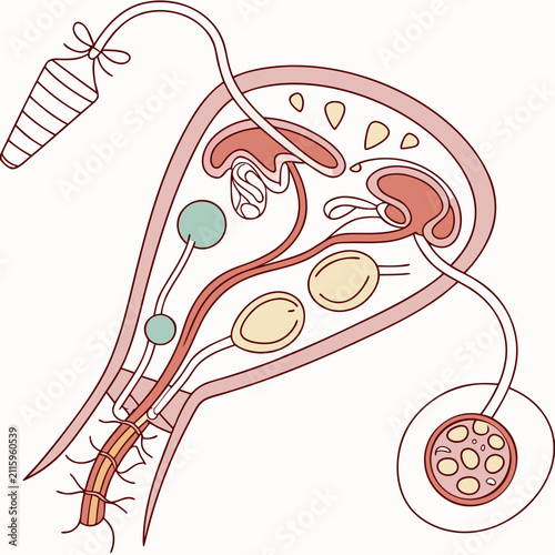 Vector illustration of ovary showing various stages of follicle development, including primordial, primary, secondary, and Graafian follicles, as well .
