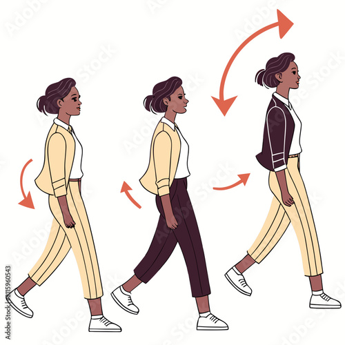 Walk cycle sequence concept. Young woman in stylish clothes walks forward. Side view. Position of body parts during movement. Design for creating animation. Cartoon modern flat vector .