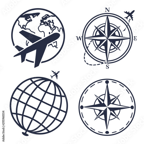 A set of vector icons featuring globe and airplane themes. The designs represent travel, global connectivity, and navigation. Minimalist, outlined style suitable for travel-related projects or .