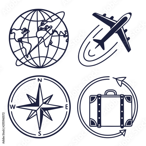 A set of vector icons featuring globe and airplane themes. The designs represent travel, global connectivity, and navigation. Minimalist, outlined style suitable for travel-related projects or .