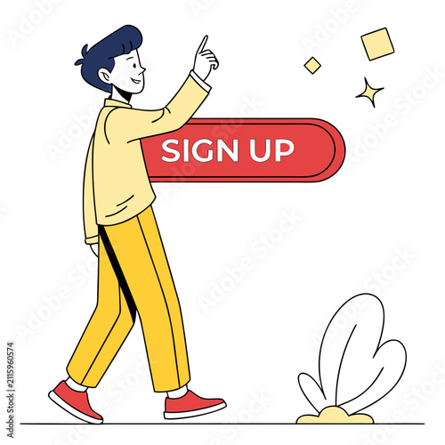 Man with sign up button. Young guy near red button. Design element for social networks and websites. Registration on site. Flat vector illustration isolated on white .