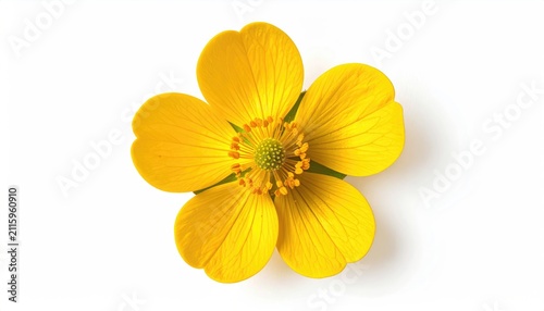 A vibrant yellow flower with five petals and a green center, isolated on white