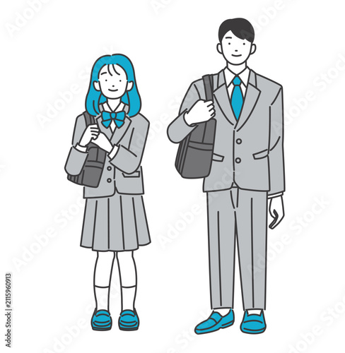 ブレザーの制服を着る男女の学生のベクターイラスト素材／制服／高校生／中学生