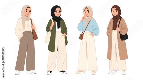 Fotografía Four women in modest outfits with headscarves vector set