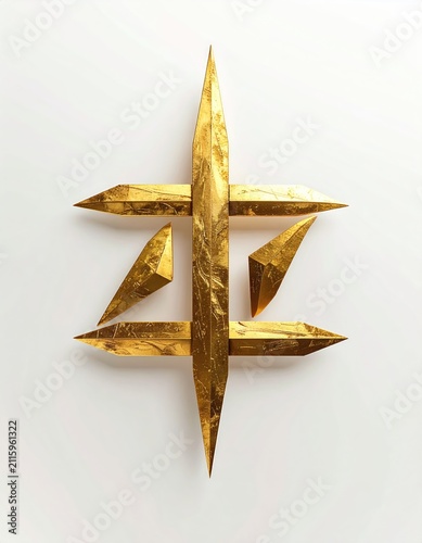 Gleaming golden abstract sculpture with sharp, angular elements