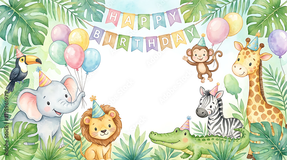 Fototapeta premium Safari animal birthday party background. Cute jungle theme invitation with watercolor animals.