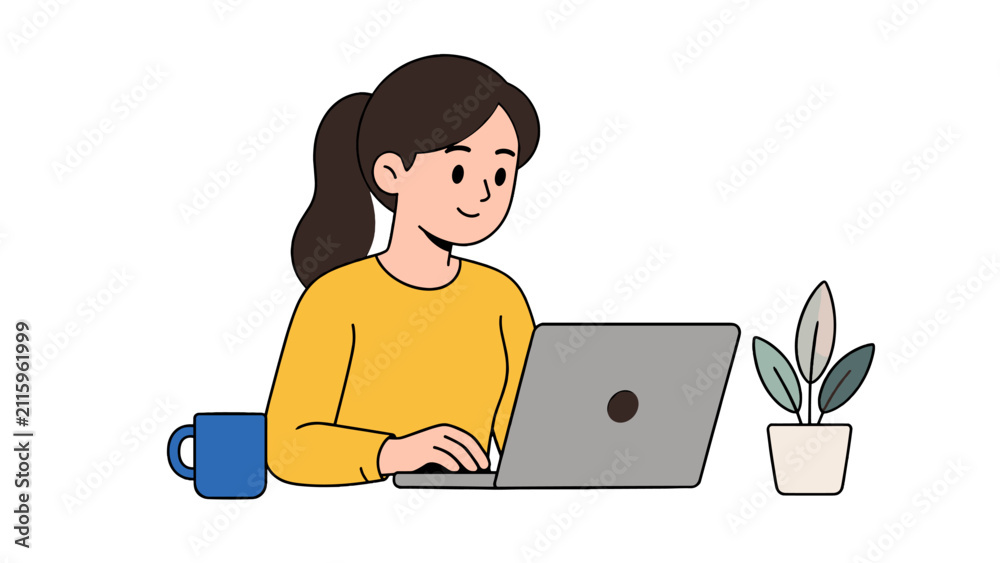 Obraz premium Young woman working on laptop beside mug and potted plant