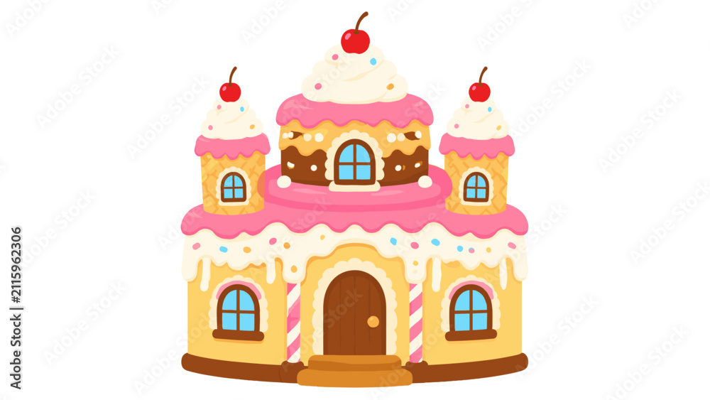 Naklejka premium Cute pink frosted cake house with cherries vector illustration