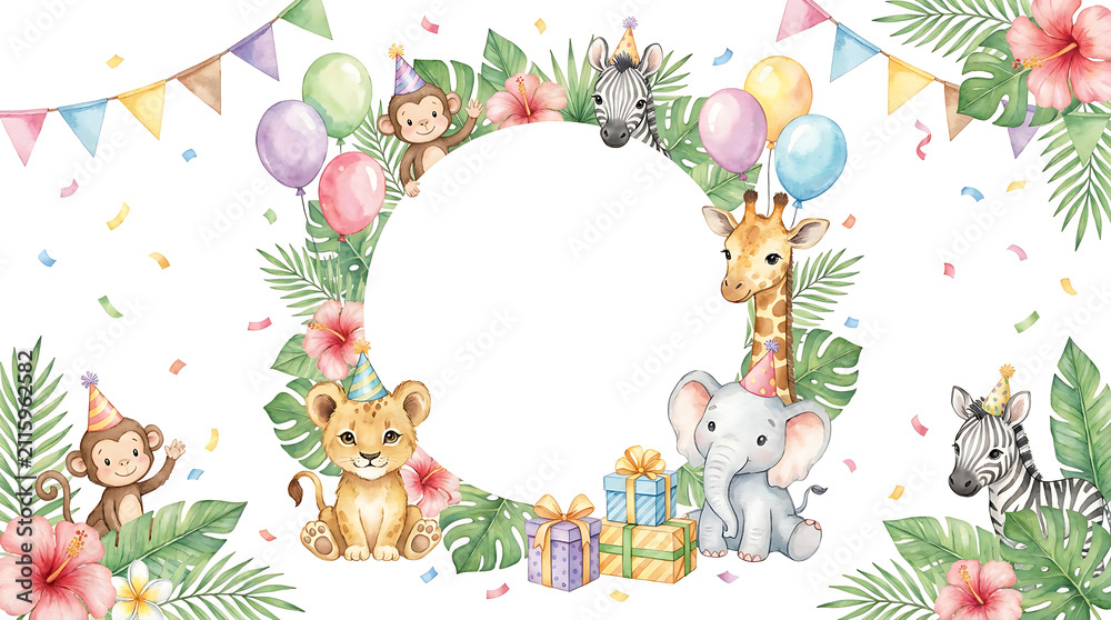 Fototapeta premium Baby jungle animal birthday party wreath with balloons and flowers. Adorable safari-themed celebration garland featuring giraffe, elephant, and lio...