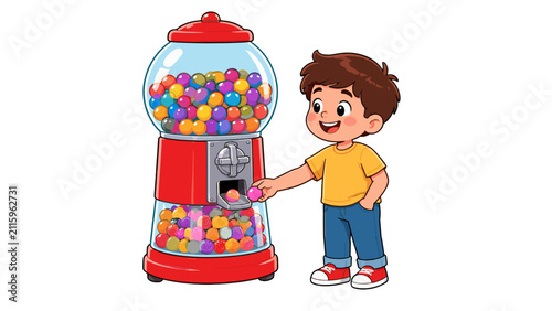 Bild auf Leinwand Cartoon boy standing beside a colorful gumball machine