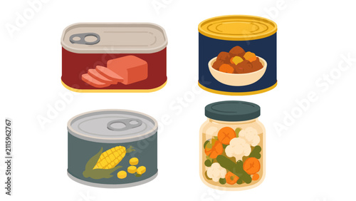 Vector set of canned and jarred preserved food containers