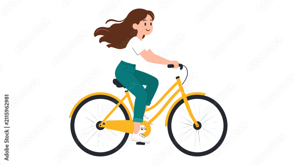 Fototapeta premium Young woman riding a yellow bicycle in flat vector style