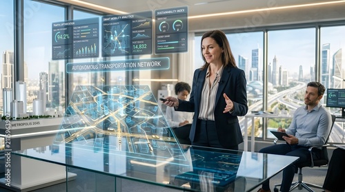 Businesswoman demonstrating a metropolis 2045 autonomous transport network with holographic interface