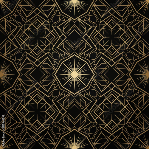 Seamless Geometric Art Deco Pattern with Gold Lines on Black Background
