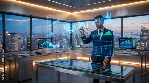 Obraz na płótnie Businessman interacting with holographic data visualization in modern office at night time