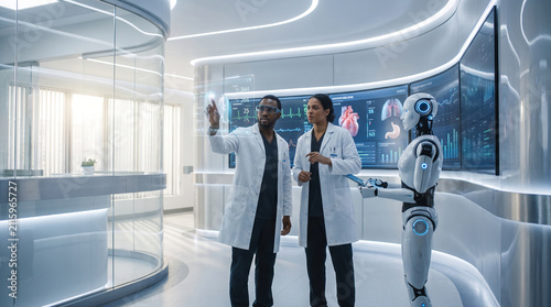 Obraz na plátně Doctors using futuristic holographic interface with robot assistant
