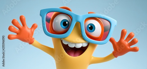Animated sunglasses character enjoying a bright beach scene, ideal for summer vacation and family advertising.