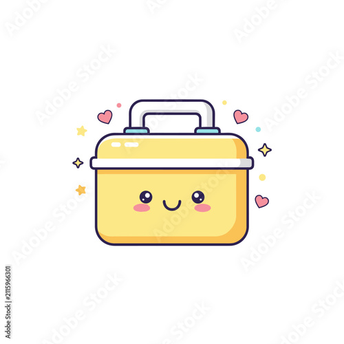 Cute Kawaii Yellow Lunch Box Cartoon Character with Hearts and Stars