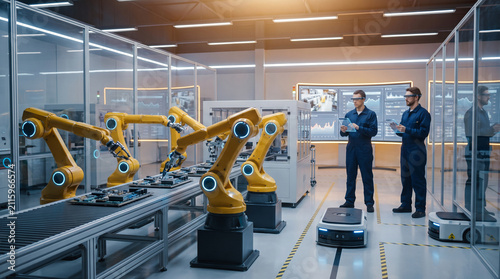Fotografie Industrial manufacturing workshop with robotic arms and autonomous mobile platform bots