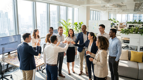 Konstfotografi Business team celebrating project completion with champagne in a bright modern office
