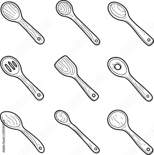 A collection of hand-drawn line art illustrations depicting various wooden kitchen.