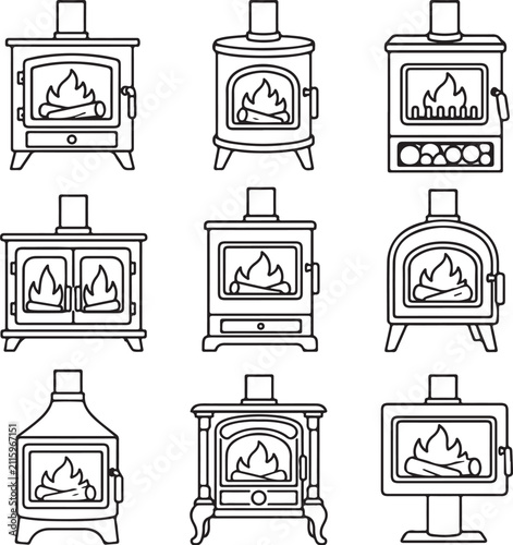 A set of line art icons depicts various styles of wood burning stoves with flames.