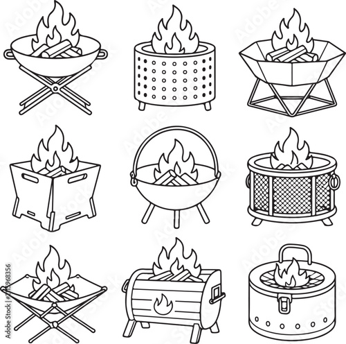 A collection of nine black and white line art illustrations depicting various styles of.