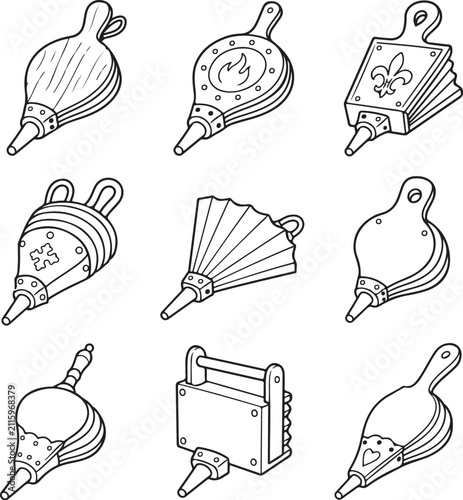 A collection of various vintage fireplace bellows is displayed as black and white line art.