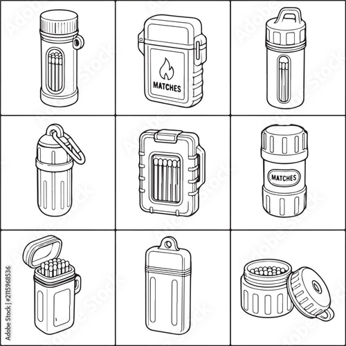 A set of line art illustrations depicting various waterproof match cases for camping.