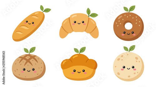 Cute baked goods characters with leaves