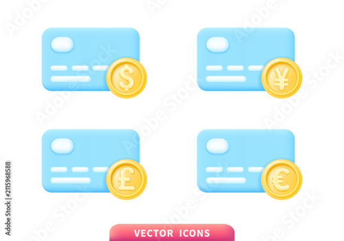 Credit card payment icons with international currency symbols euro pound yen in modern flat design style perfect for financial applications banking websites mobile apps