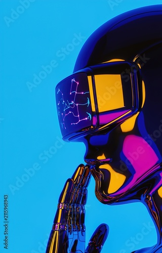 Futuristic person wearing virtual reality headset. Cyberpunk character exploring digital metaverse technology.