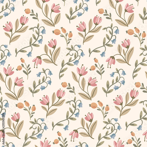 Seamless floral pattern, delicate ditsy print in a decorative folk motif. Cute botanical design of hand drawn wild plants, small flowers, tiny leaves, thin twigs in pastel colors. Vector illustration.