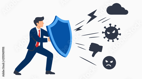 Businessman defending himself with a powerful blue shield against virus, storm, anger, and dislike symbols, bold flat vector illustration of crisis protection, resilience, risk, and security