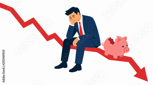 Worried businessman sitting on a sharply declining red graph beside a broken empty piggy bank, vivid flat vector illustration of financial loss, debt, recession, savings failure, and hardship