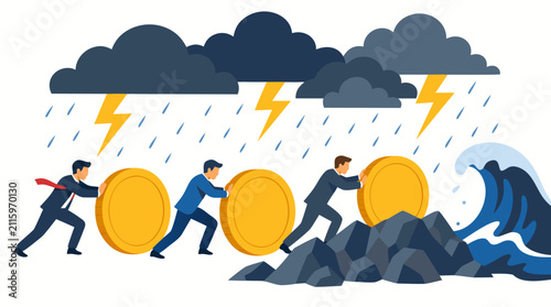 Businessmen pushing oversized golden coins through a storm of rain, lightning, rocks, and waves, symbolizing resilience, financial obstacles, teamwork, perseverance, and overcoming adversity