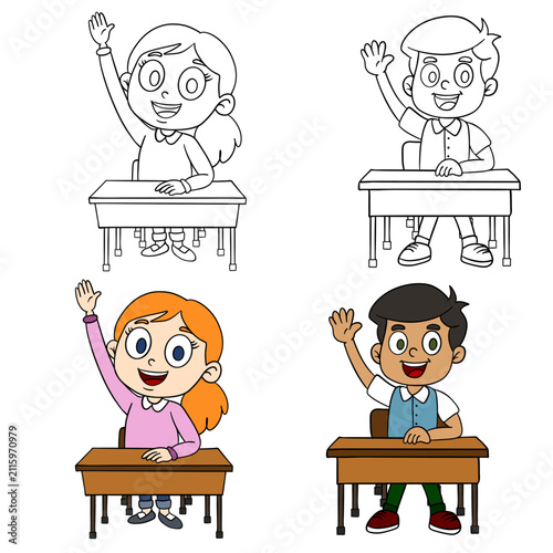 Hand-drawn illustration of school students sitting at classroom desks with raised hands in both full color and black-and-white outline. Happy boys and girls actively participating in class, answering 