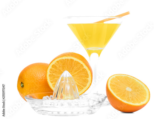 Foto Juicy sweet oranges and freshly squeezed juice in a glass isolated on a white ba